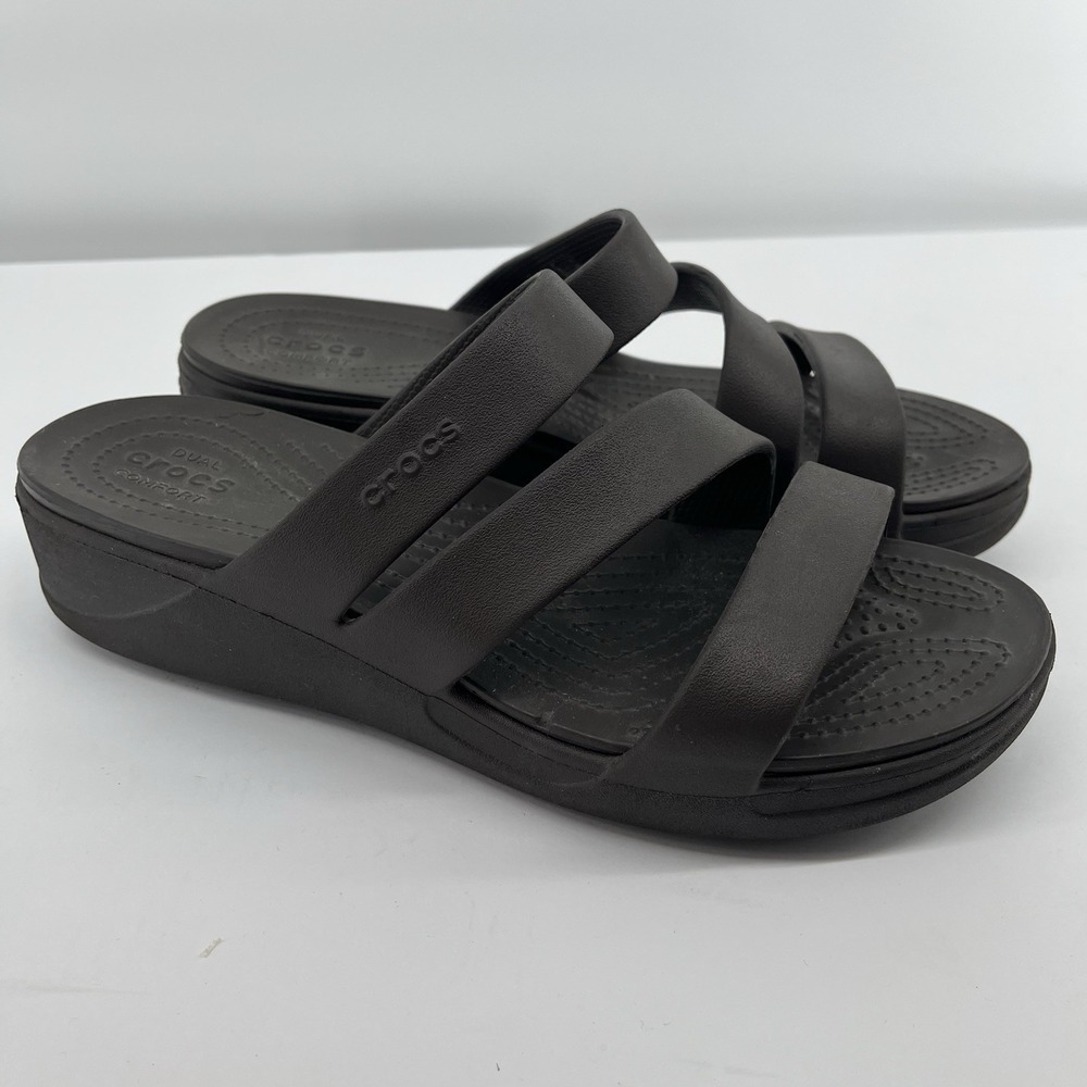 Crocs Monterey Dual Comfort Strappy Wedge Sandals Black Women's Size 10